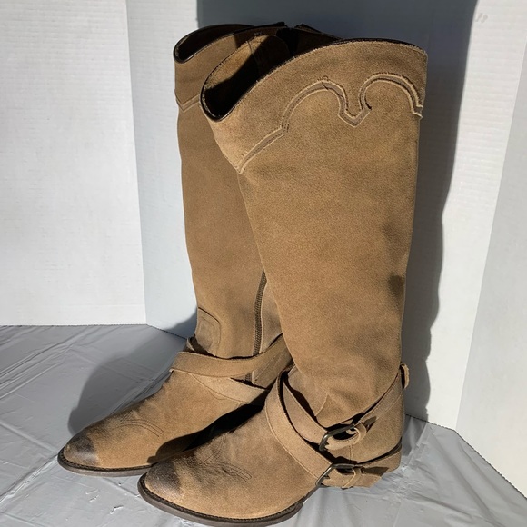 MATISSE SUEDE WESTERN, COWGIRL, BOHO BOOTS W/ ANKLE HARNESS & BUCKLES - Picture 2 of 16